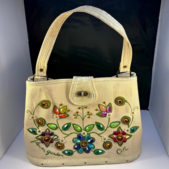 Vintage Enid Collins Flower Garden Jeweled Canvas‎ Leather Handbag Horse Logo